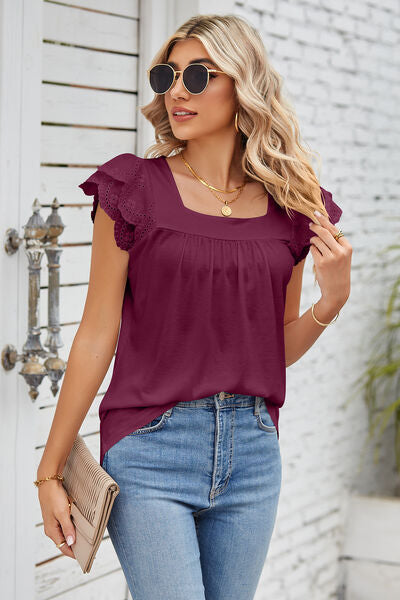 Eyelet Square Neck Cap Sleeve Blouse - Lily and Lavender Boutique