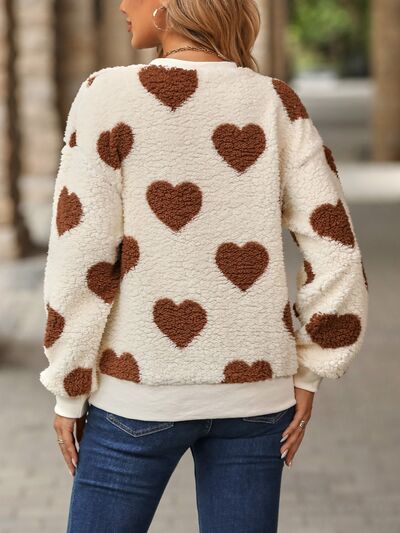 Fuzzy Heart Dropped Shoulder Sweatshirt - Lily and Lavender Boutique