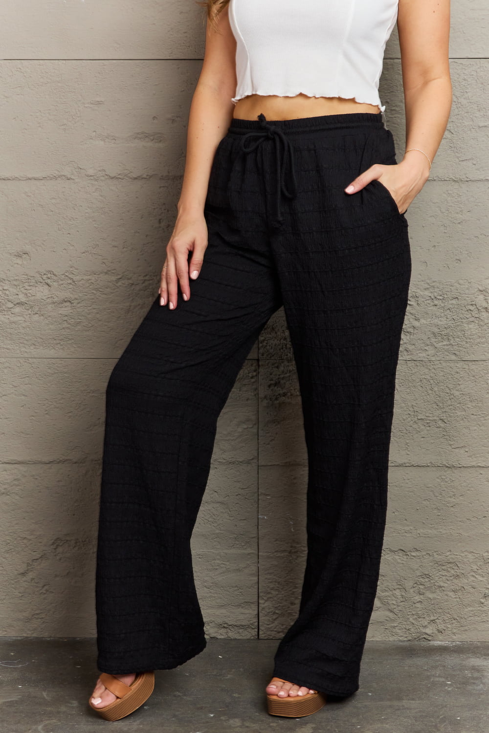 GeeGee Dainty Delights Textured High Waisted Pant in Black - Lily and Lavender Boutique