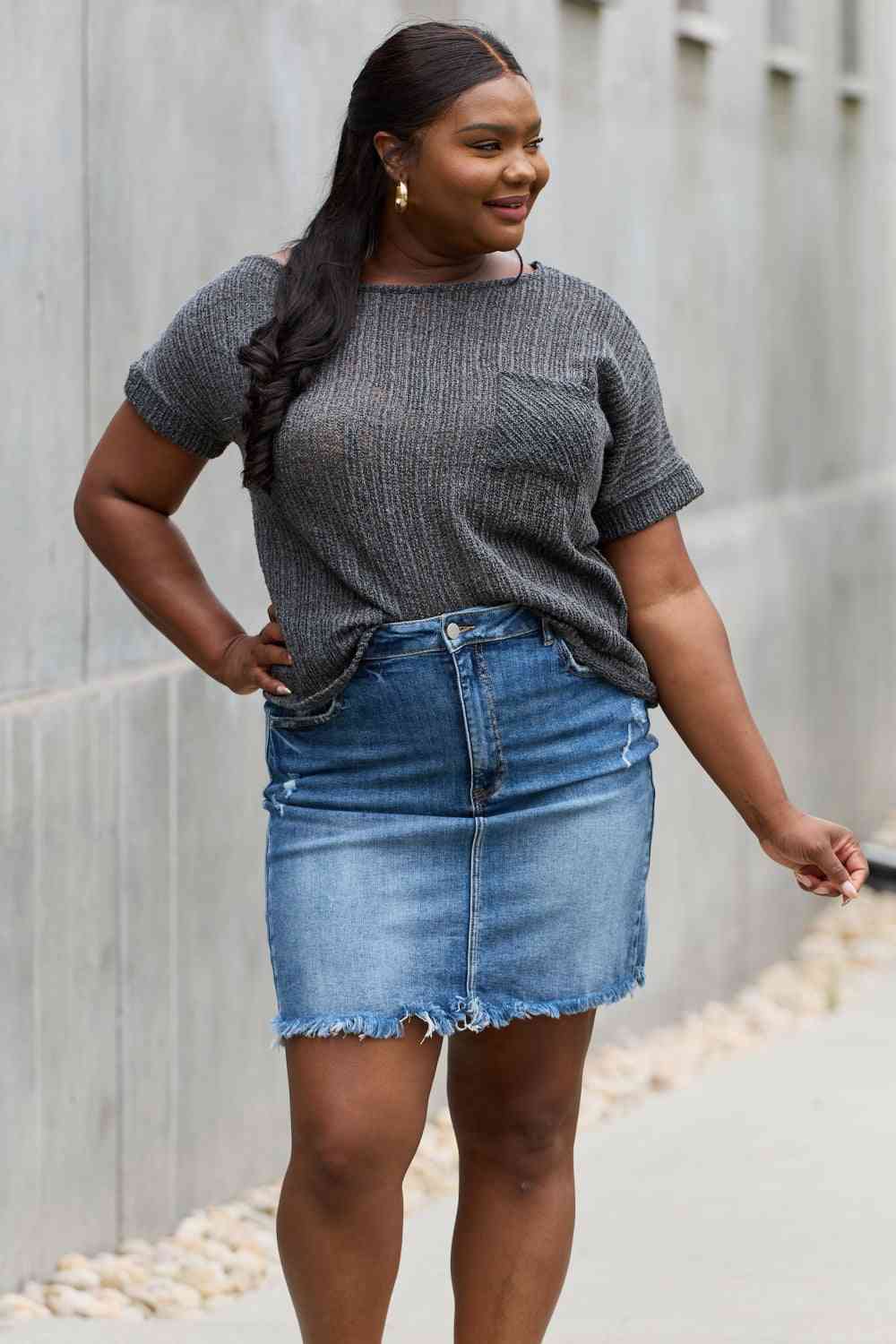 e.Luna Full Size Chunky Knit Short Sleeve Top in Gray - Lily and Lavender Boutique