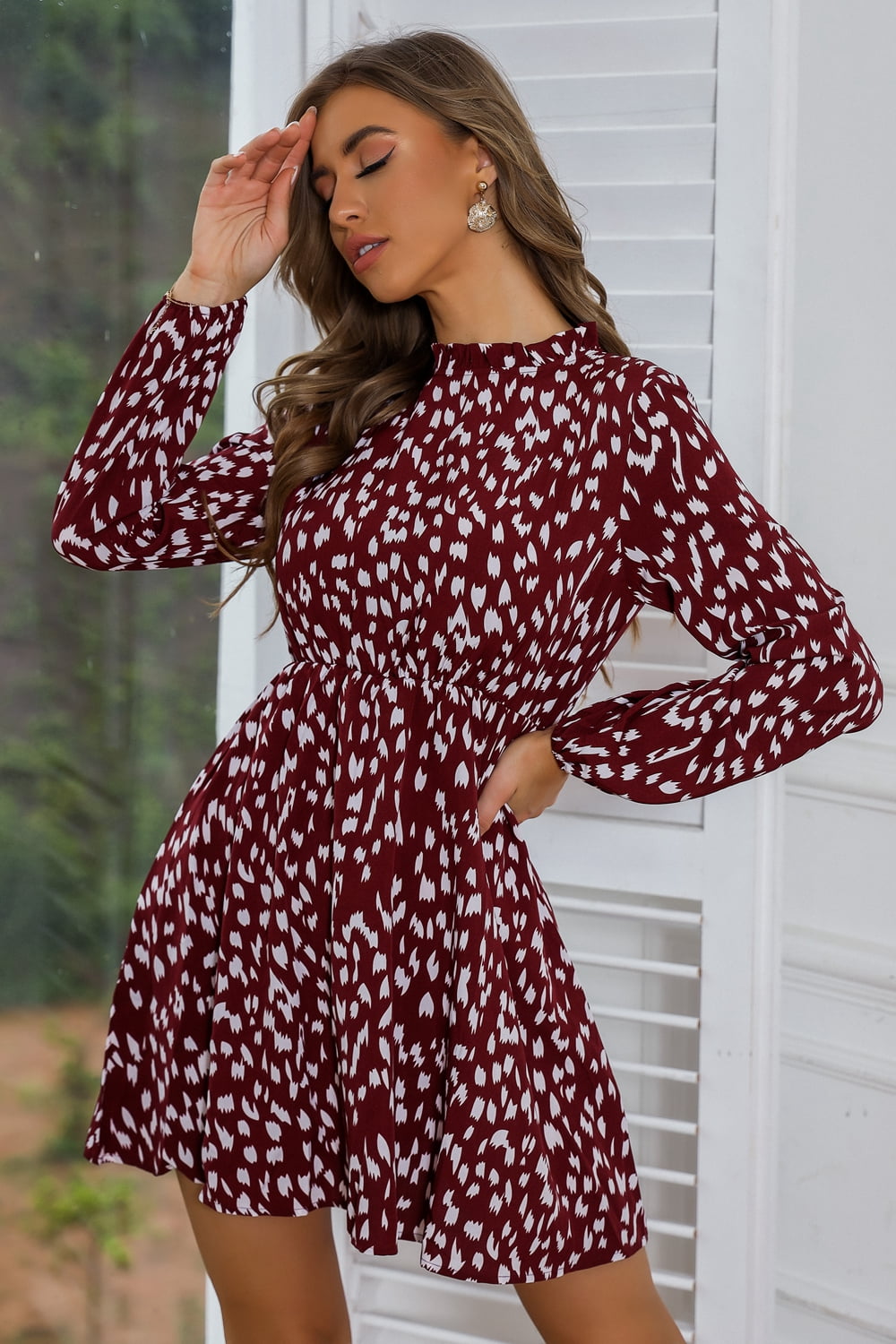 Mock Neck Long Sleeve Printed Dress - Lily and Lavender Boutique