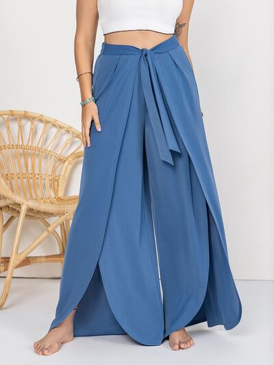 Plus Size Tied Slit Wide Leg Pants - Lily and Lavender Boutique