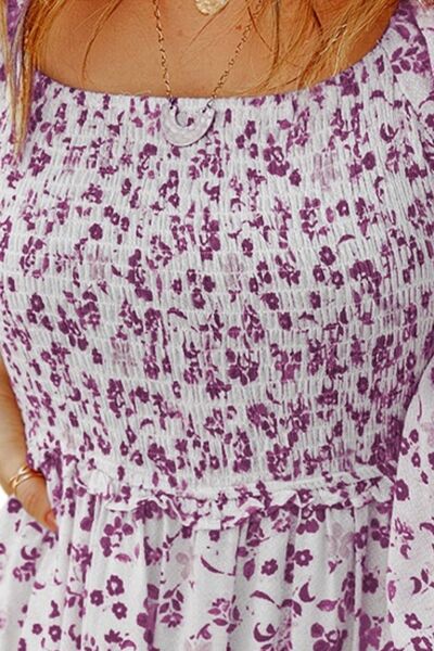 Smocked Floral Square Neck Balloon Sleeve Dress - Lily and Lavender Boutique